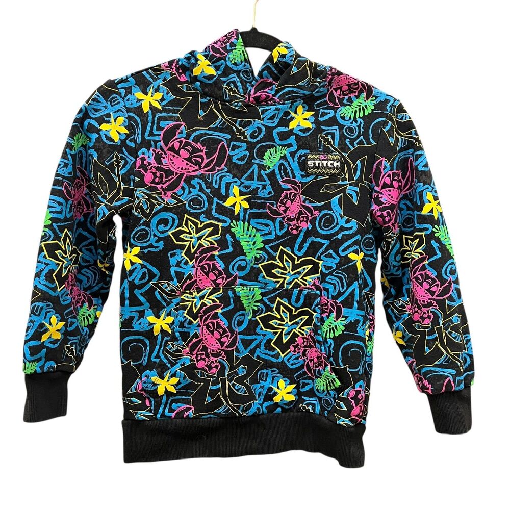 Disney Stitch Youth Hoodie Size 9 Fleece Lined Neon Colors Pullover Sweatshirt